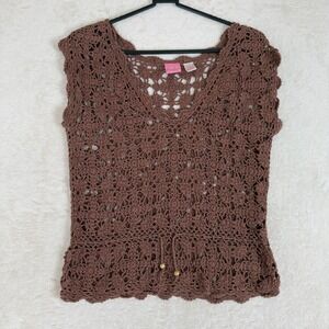 Great American Sweater Boho Brown Crochet Knit Top Womens L Y2K Hippie Festival